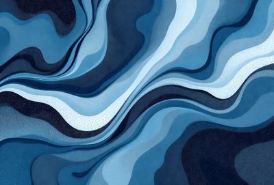 The primary subject of the image is a blue and white painting of a swirling, flowing design. The setting is a blue background, and the visual style appears to be a digital art or illustration. The dominant colors are blue and white, creating a calm and soothing atmosphere.