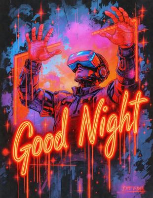 The primary subject of the image is a person wearing a VR headset, with their arms raised. The setting is a futuristic environment, possibly a space station or a virtual reality world. The visual style is digital art, with the person depicted in a colorful and vibrant manner. The colors and mood of the image are energetic and dynamic, with the person's arms and the VR headset being the main focus.