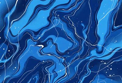 The primary subject of the image is a blue and white swirling pattern, which appears to be a digital art or illustration. The setting is a blue background, and the visual style is a combination of digital art and illustration. The dominant colors are blue and white, creating a calm and soothing atmosphere.