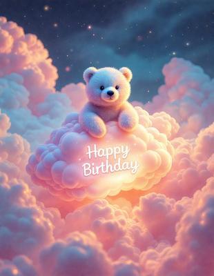 Happy birthday, a white teddy bear sitting on a pink cloud.