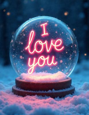 The primary subject of the image is a large, illuminated snow globe with the words "I Love You" written on it. The setting is a snowy environment, and the visual style appears to be a combination of a photo and digital art. The colors are predominantly white and pink, creating a warm and romantic atmosphere.