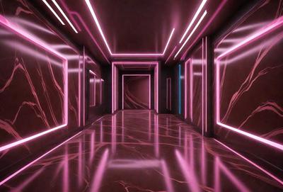 The primary subject of the image is a hallway with a pink and purple color scheme. The setting is a long, narrow hallway with a patterned floor. The visual style is a combination of photo and digital art, creating a unique and eye-catching atmosphere. The colors and mood of the image are predominantly pink and purple, giving the space a vibrant and lively feel.