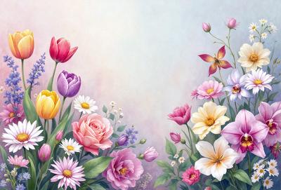 The primary subject of the image is a beautiful bouquet of flowers, featuring a variety of different types and colors. The flowers are arranged in a visually appealing manner, creating a sense of harmony and natural beauty. The setting is a vibrant and colorful background, which complements the flowers and adds to the overall visual appeal of the image. The visual style of the image is a combination of digital art and illustration, resulting in a high-quality and detailed representation of the flowers. The colors and mood of the image are predominantly warm and inviting, with the flowers serving as a focal point and a source of joy and inspiration.