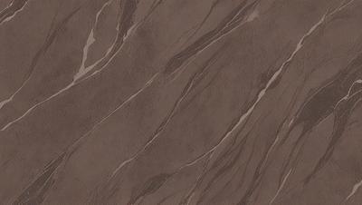 The primary subject of the image is a brown marble-like surface with a pattern of swirls and stripes. The setting is a room with a brown floor, and the visual style is a close-up of the marble pattern. The colors and mood of the image are warm and earthy, with the brown marble being the dominant color.