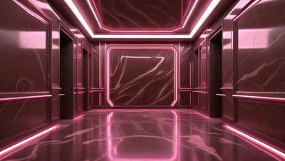 The primary subject of the image is a hallway with a pink and purple color scheme. The setting is a large building, and the visual style appears to be a combination of photo and digital art. The colors and mood of the image are vibrant and energetic, creating a lively atmosphere.