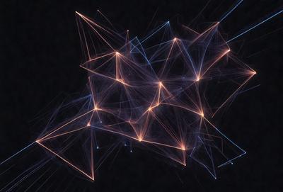 The primary subject of the image is a large, intricate, and colorful pattern made up of many interconnected lines. The setting is a dark background, which contrasts with the vibrant colors of the pattern. The visual style is a combination of digital art and illustration, creating a unique and eye-catching design. The colors and mood of the image are predominantly warm and energetic, with the bright lines and interconnected shapes creating a sense of movement and dynamism.