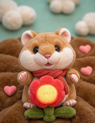 The primary subject of the image is a stuffed animal, specifically a teddy bear, which is holding a heart-shaped flower. The setting is a bed, and the visual style is a photo. The colors are predominantly brown and pink, creating a warm and cozy atmosphere.