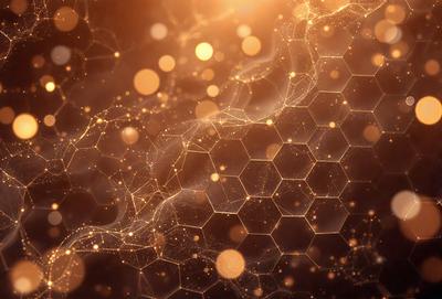 The primary subject of the image is a close-up of a patterned surface, possibly a honeycomb or a textured background. The setting appears to be a dark room, with the patterned surface being the main focus. The visual style of the image is a combination of photo and digital art, creating a unique and intriguing appearance. The colors and mood of the image are predominantly dark, with the patterned surface providing a contrasting and visually appealing element.