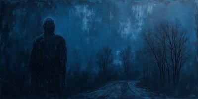 The primary subject of the image is a person, possibly a statue or a drawing, standing in a dark, snowy environment. The setting includes a road and trees in the background. The visual style appears to be a painting or drawing, with a focus on the person and the surrounding elements. The colors and mood of the image are predominantly dark and moody, with the snow and the nighttime atmosphere contributing to the overall ambiance.