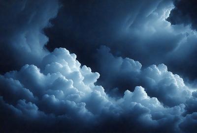 The primary subject of the image is a cloudy sky with a dark background. The setting is a cloudy day, and the visual style is a painting or drawing. The colors and mood of the image are dark and moody, with the clouds creating a dramatic atmosphere.