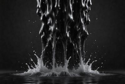 The primary subject of the image is a large, black, and white splash of milk, which appears to be a digital art or illustration. The setting is a dark background, which contrasts with the bright white and black colors of the milk splash. The visual style gives the impression of a dynamic and fluid motion, as if the milk is being poured or splashed onto the surface. The overall atmosphere of the image is one of creativity and artistic expression.