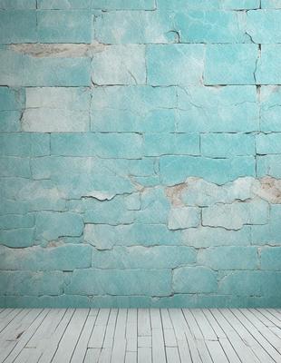 The primary subject of the image is a blue brick wall. The setting is a room with a wooden floor. The visual style is a photo, and the dominant colors are blue and white. The overall atmosphere is calm and serene.