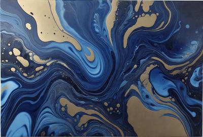 The primary subject of the image is a blue and gold painting, featuring a swirling design with a mix of blue and gold colors. The setting is a wall, and the visual style appears to be a painting or a digital artwork. The dominant colors in the painting are blue and gold, creating a vibrant and eye-catching atmosphere.