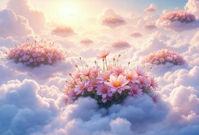 The primary subject of the image is a beautiful bouquet of pink flowers floating in a cloudy sky. The setting is a whimsical, dreamy environment with clouds surrounding the flowers. The visual style is a combination of digital art and illustration, creating a surreal and imaginative atmosphere. The colors are predominantly pink, which adds a sense of warmth and happiness to the scene.
