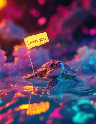 The primary subject of the image is a turtle, which is the main focus of the scene. The turtle is swimming in a body of water, which serves as the setting or background. The visual style of the image is a combination of photo and digital art, creating a unique and eye-catching representation of the turtle. The colors and mood of the image are vibrant and lively, with the turtle's yellow flag adding a touch of playfulness to the scene.