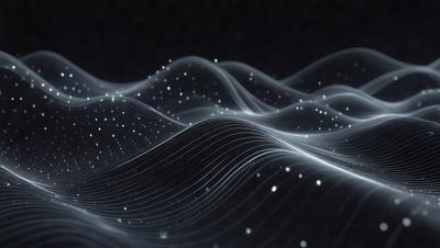 The primary subject of the image is a wave pattern, which is a digital art or illustration. The setting is a dark background, and the visual style is a combination of digital art and pattern. The colors and mood of the image are predominantly dark, with the wave pattern being the main focus.