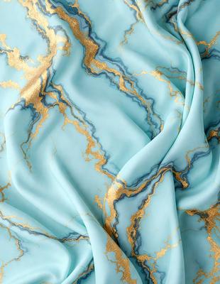 The primary subject of the image is a blue and gold fabric, which is the main object, scene, or focus of the image. The setting is a blue background, and the visual style is a photo. The colors and mood of the image are predominantly blue and gold, creating a sense of elegance and sophistication.
