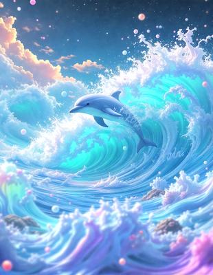 Primary subject: A dolphin in the ocean.

Setting/background: The dolphin is swimming in a large body of water, surrounded by waves and possibly a cloudy sky.

Visual style: The image is a digital art or illustration of a dolphin in the ocean.

Colors and mood: The colors in the image are predominantly blue and white, creating a serene and calming atmosphere.