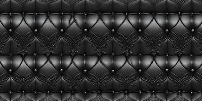 The primary subject of the image is a black leather couch with a patterned design. The setting is a room with a black background, which emphasizes the couch's pattern. The visual style is a close-up of the couch, showcasing its intricate design. The colors and mood of the image are dark and sophisticated, with the black leather and pattern creating a luxurious and elegant atmosphere.