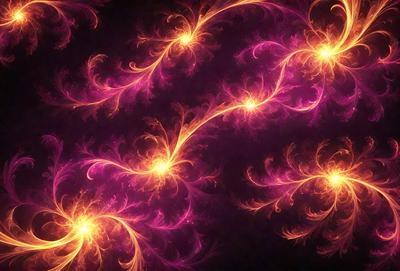 The primary subject of the image is a purple and yellow floral pattern. The setting is a dark background, which contrasts with the vibrant colors of the floral pattern. The visual style appears to be a combination of digital art and illustration, creating a unique and eye-catching design. The dominant colors are purple and yellow, giving the image a warm and inviting atmosphere.