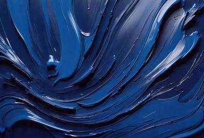 The primary subject of the image is a blue, swirling, and flowing substance, which appears to be a mix of paint and water. The setting is a dark background, which contrasts with the blue substance. The visual style is a combination of painting and digital art, creating a unique and artistic representation. The colors and mood of the image are predominantly blue, giving it a calming and serene atmosphere.