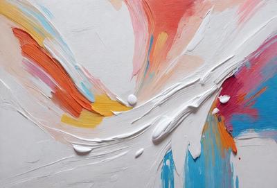 The primary subject of the image is a painting with a white background. The painting features a colorful design, including a mix of red, yellow, and blue colors. The setting is a white wall, and the visual style appears to be a combination of digital art and illustration. The overall atmosphere of the painting is vibrant and lively, with a focus on the artistic expression of the artist.