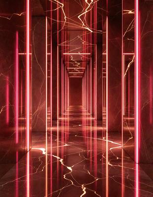 The primary subject of the image is a long hallway with a red glow. The setting is a marble hallway, and the visual style is a combination of a photo and digital art. The colors and mood of the image are predominantly red, creating a warm and inviting atmosphere.
