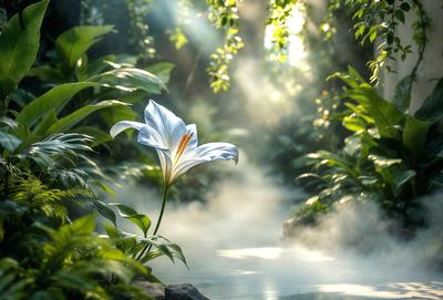 The primary subject of the image is a white flower, which is the main focus of the scene. The setting is a forest, with the flower standing in a misty, foggy area. The visual style of the image is a photo, capturing the beauty of the flower in its natural environment. The dominant colors in the image are white and green, creating a serene and peaceful atmosphere.