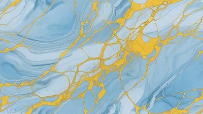 The primary subject of the image is a blue and gold marbled wallpaper. The setting is a room with a blue and gold marbled wallpapered wall. The visual style is a painting, and the colors and mood are vibrant and luxurious.