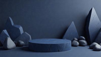The primary subject of the image is a blue table or stool, which is the main object in the scene. The table is placed on a blue surface, which could be a table or a wall. The visual style of the image is a photo, and the dominant colors are blue and gray, creating a calm and serene atmosphere.