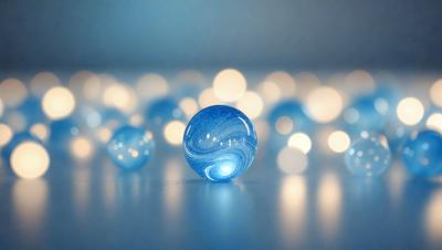 The primary subject of the image is a blue glass ball. The setting is a white background, and the visual style appears to be a photo. The colors and mood of the image are predominantly blue, creating a calm and serene atmosphere.