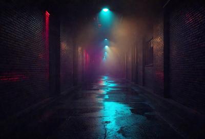 The primary subject of the image is a long, narrow hallway with a blue light illuminating it. The setting is a brick building, and the visual style appears to be a photo. The dominant colors in the image are blue and purple, creating a moody atmosphere.