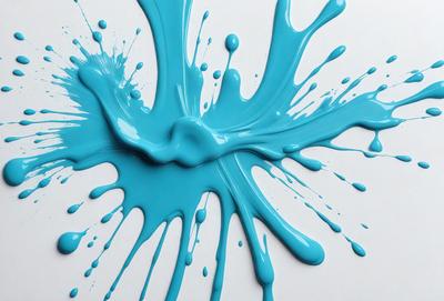 The primary subject of the image is a blue paint splatter, which is the main focus of the scene. The setting is a white surface, which provides a clean and uncluttered background. The visual style of the image is a close-up of the paint splatter, showcasing the vibrant blue color and the intricate patterns created by the paint. The colors and mood of the image are predominantly blue, creating a sense of calmness and tranquility.