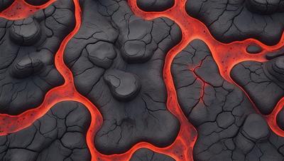 The primary subject of the image is a close-up of a black and red rock formation, possibly a lava rock or a piece of a volcano. The setting is a dark, possibly volcanic, environment. The visual style appears to be a combination of a photo and a digital art or illustration, as the rock formation has a detailed and intricate appearance. The dominant colors are black and red, creating a striking and dramatic atmosphere.