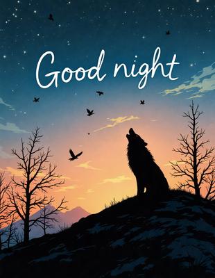 Good Night: A serene scene of a wolf howling at the moon, with a flock of birds flying in the sky. The wolf is standing on a hill, and the birds are scattered throughout the image. The overall atmosphere is calm and peaceful, with the moon and stars in the background adding to the tranquility of the scene.