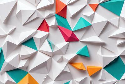 The primary subject of the image is a large, colorful wall made up of many triangles. The setting is a white wall, and the visual style is a combination of digital art and illustration. The dominant colors are orange, green, and blue, creating a vibrant and lively atmosphere.