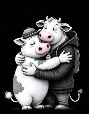 The primary subject of the image is a cow and a pig hugging each other. The cow is on the left side of the image, and the pig is on the right side. The scene takes place in a black and white setting, giving it a classic and timeless appearance. The visual style of the image is a combination of digital art and illustration, creating a unique and engaging scene. The dominant colors in the image are black and white, which contribute to the overall mood of the scene, evoking a sense of nostalgia and warmth.