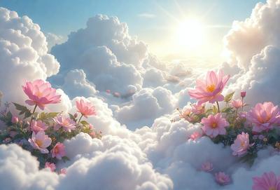 The primary subject of the image is a beautiful flower arrangement in a cloudy sky. The setting is a whimsical, dreamy environment with clouds and sunlight. The visual style is a combination of photo and digital art, creating a surreal and artistic atmosphere. The dominant colors are pink and white, with the pink flowers standing out against the white clouds. The overall mood of the image is one of wonder and imagination, as the flowers seem to float effortlessly in the sky.