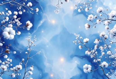 Primary subject: White flowers
Setting/background: Blue sky with stars
Visual style: Digital art
Colors and mood: Blue and white, serene and peaceful