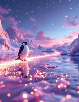 The primary subject of the image is a penguin standing on a snow-covered surface. The setting is a snowy landscape with mountains in the background. The visual style is a digital art or illustration, creating a pink and purple atmosphere. The colors and mood of the image are vibrant and serene, with the penguin being the focal point of the scene.