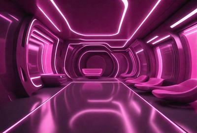The primary subject of the image is a room with a pink color scheme. The room features a long, narrow design with a pink floor and walls. The setting is a futuristic environment, possibly a space station or a futuristic room. The visual style of the image is a combination of photo and digital art, creating a unique and captivating atmosphere. The dominant colors in the image are pink, which gives the room a warm and inviting feel.