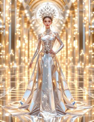 The primary subject of the image is a woman dressed in a silver gown, standing in a room with a starry background. The visual style of the image is digital art, and the colors and mood are predominantly silver and white, giving the scene a futuristic and elegant atmosphere.