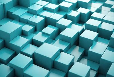 The primary subject of the image is a blue, three-dimensional grid pattern. The setting is a blue background, which creates a visually striking contrast with the grid pattern. The visual style is a digital art or illustration, as the grid pattern is created through a digital medium. The colors and mood of the image are predominantly blue, giving it a calm and serene atmosphere.