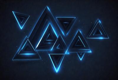 The primary subject of the image is a blue geometric pattern, which is displayed on a dark background. The pattern consists of multiple triangles arranged in a visually appealing manner. The setting is a black background, which contrasts with the blue geometric pattern, creating a striking visual effect. The visual style of the image is digital art, as it is a computer-generated design. The dominant colors in the image are blue and black, giving it a modern and sophisticated appearance.