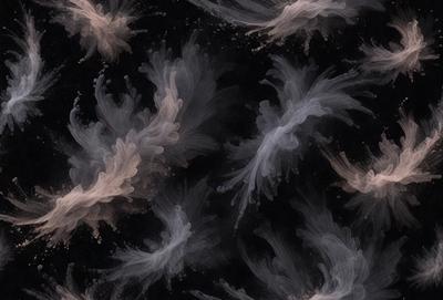 The primary subject of the image is a pattern of birds flying in the sky. The setting is a black background, which creates a dramatic contrast with the birds. The visual style is a combination of digital art and illustration, giving the image a unique and artistic appearance. The dominant colors are shades of gray, black, and white, which contribute to the overall mood of the image.