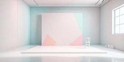 The primary subject of the image is a white chair placed in a white room. The setting is a white room with a large white wall, and the visual style is a photo. The room has a clean and minimalist appearance, with the chair being the main focus of the scene. The colors and mood of the image are predominantly white, creating a calm and serene atmosphere.