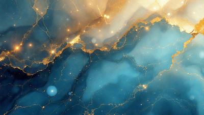 The primary subject of the image is a blue and gold swirling pattern, which appears to be a digital art or illustration. The setting is a blue and gold background, and the visual style is a combination of digital art and illustration. The colors and mood of the image are predominantly blue and gold, creating a vibrant and luminous atmosphere.