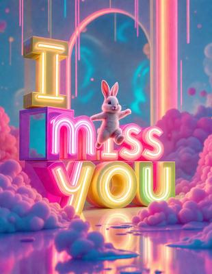 The primary subject of the image is a bunny rabbit, which is the main focus of the scene. The setting is a pink and purple background, giving the image a vibrant and playful atmosphere. The visual style is a combination of digital art and illustration, creating a unique and eye-catching design. The colors and mood of the image are predominantly pink and purple, with a touch of neon green, giving it a cheerful and whimsical feel.