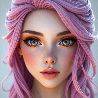 The primary subject of the image is a woman with pink hair, wearing makeup and a pink wig. She has a pink and white wig and is wearing a pink lipstick. The setting is a studio, and the visual style is digital art. The colors and mood of the image are predominantly pink, creating a vibrant and lively atmosphere.