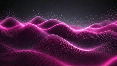 The primary subject of the image is a series of pink waves, which are the main objects in the scene. The setting is a dark background, which contrasts with the bright pink color of the waves. The visual style of the image is a digital art or illustration, as the waves are depicted in a patterned and textured manner. The dominant colors in the image are pink and purple, creating a vibrant and energetic atmosphere.